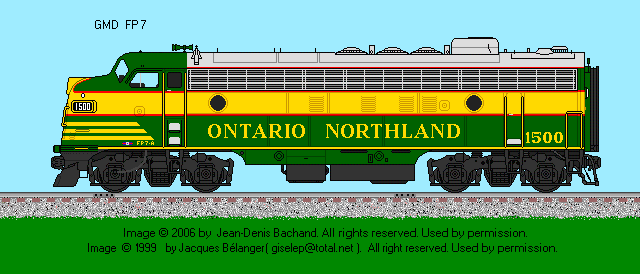 Drawing of Ontario Northland FP7 #1500 in a green, yellow and silver scheme with red trim.